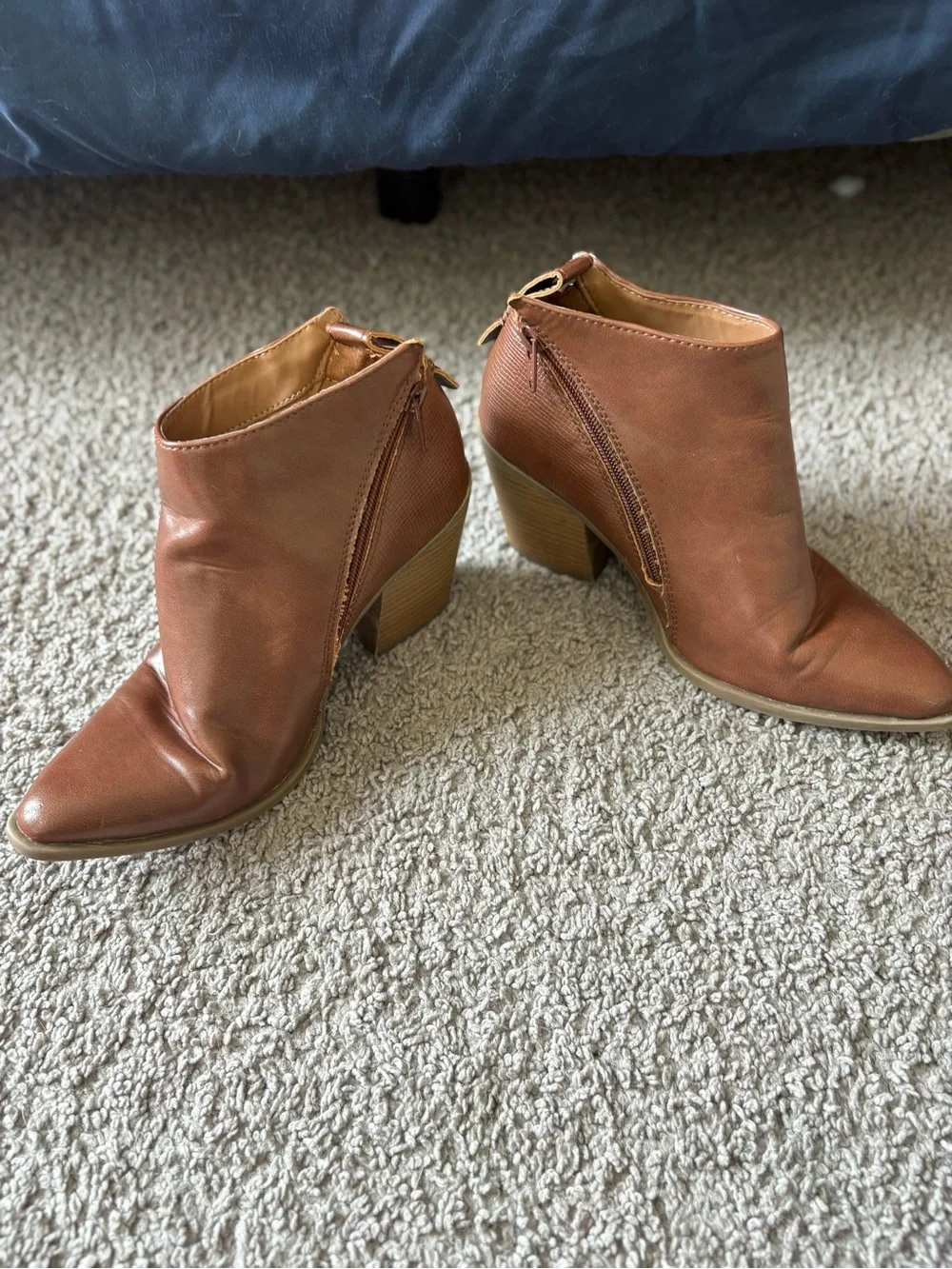 Women's Tan Leather Ankle Booties with Block Heel